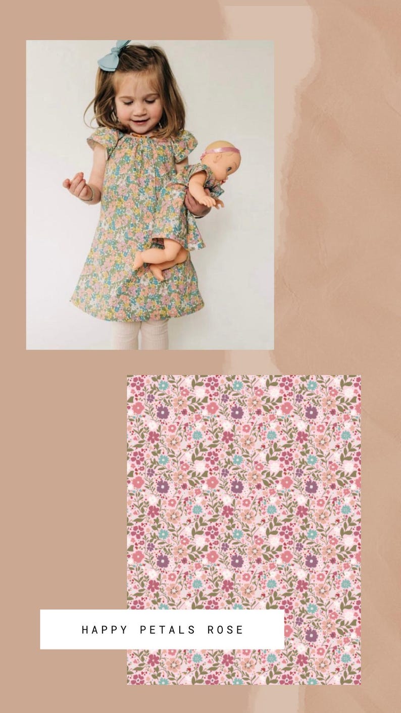 May include: A floral print dress with flutter sleeves and a matching doll dress in the same pattern. The fabric features a pink background with small flowers in shades of pink, purple, and teal. The text HAPPY PETALS ROSE is printed below.