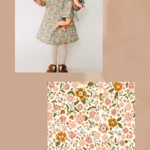 May include: A floral print dress featuring a pattern of pink, orange, and green flowers on a cream background. The fabric design is labeled as QUAINT COTTAGE IN CLOUD. The dress has short flutter sleeves and a round neckline, shown in a matching set.