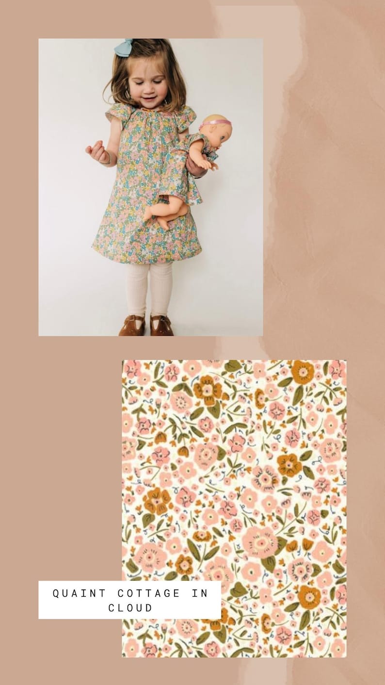 May include: A floral print dress featuring a pattern of pink, orange, and green flowers on a cream background. The fabric design is labeled as QUAINT COTTAGE IN CLOUD. The dress has short flutter sleeves and a round neckline, shown in a matching set.