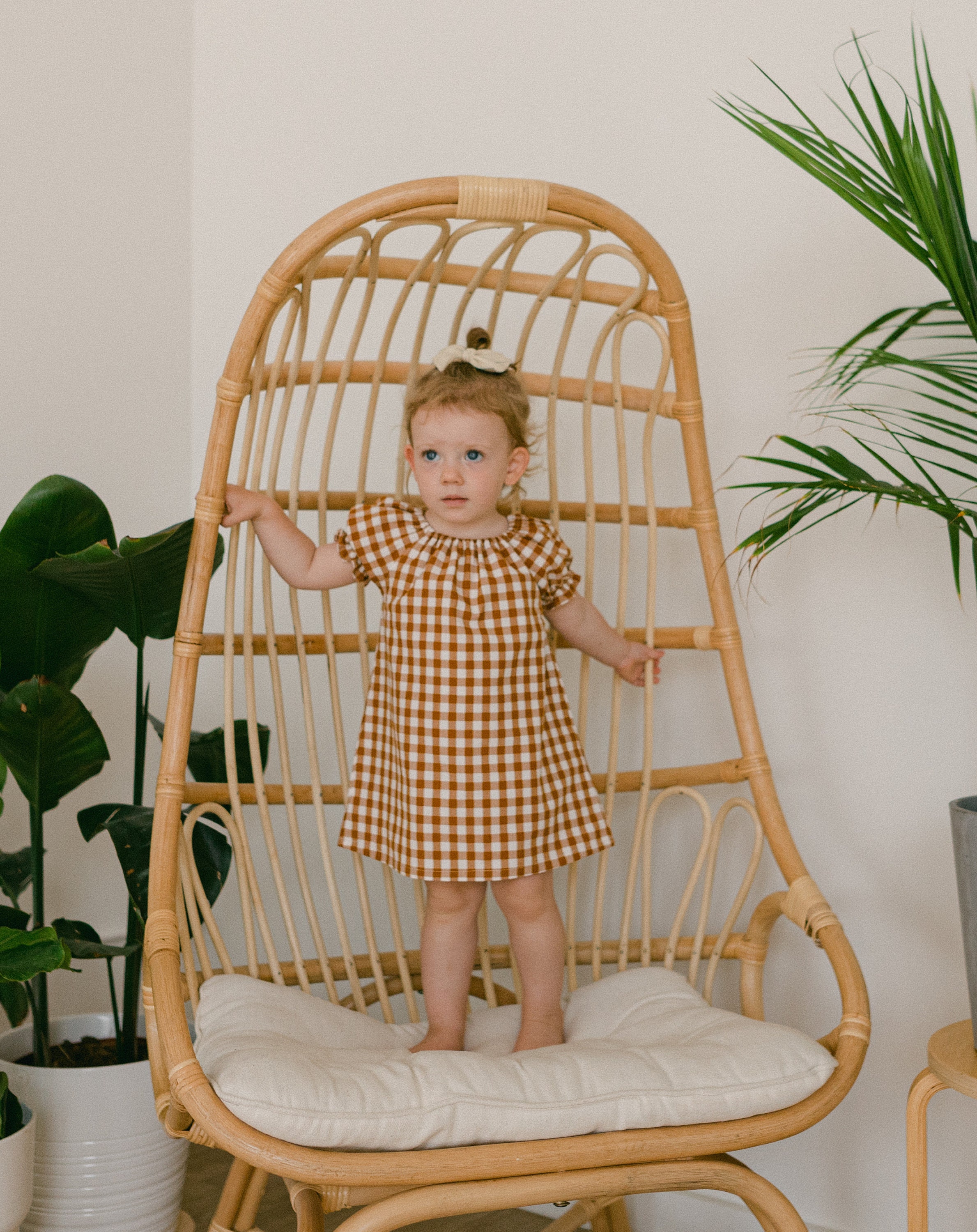 toddler girl brown gingham dress Blueberry Gingham Gather Dress