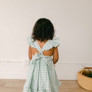 girls gingham Easter dress, sage mint toddler pinafore, green pink ruffle summer dress, boho baby spring pictures, first birthday outfit image 4