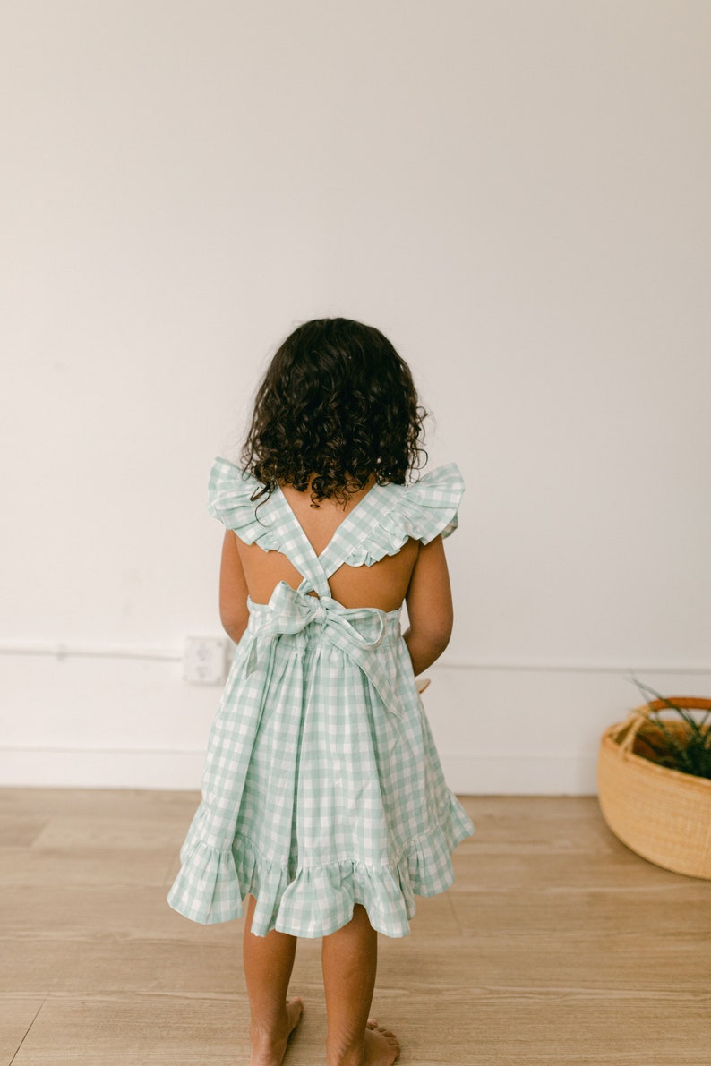 girls gingham Easter dress, sage mint toddler pinafore, green pink ruffle summer dress, boho baby spring pictures, first birthday outfit image 4