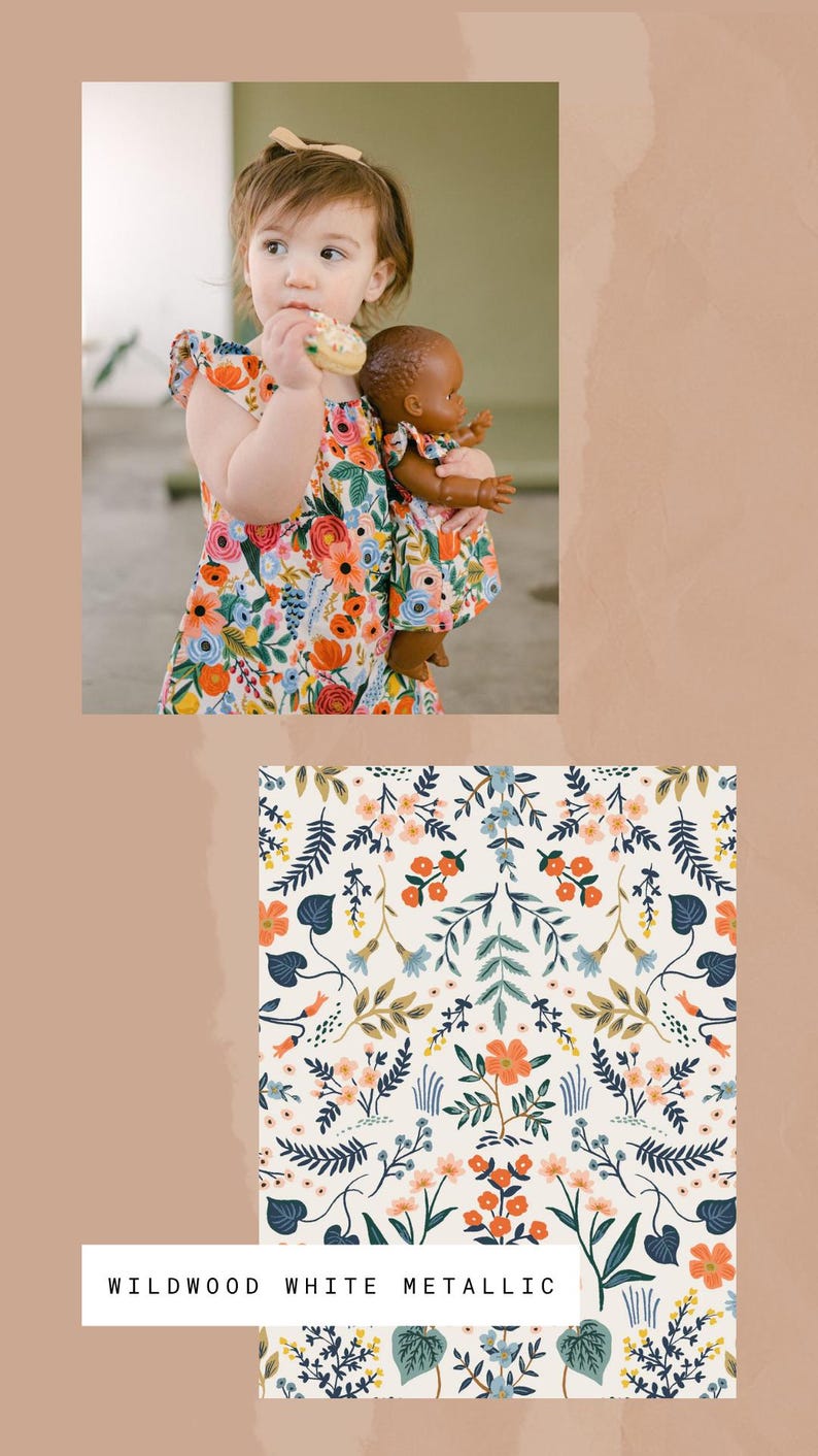 May include: A sleeveless dress featuring a vibrant floral pattern with orange, blue, and green botanical elements on a white background. The fabric design is labeled as Wildwood White Metallic. A matching doll dress is also shown in the image.