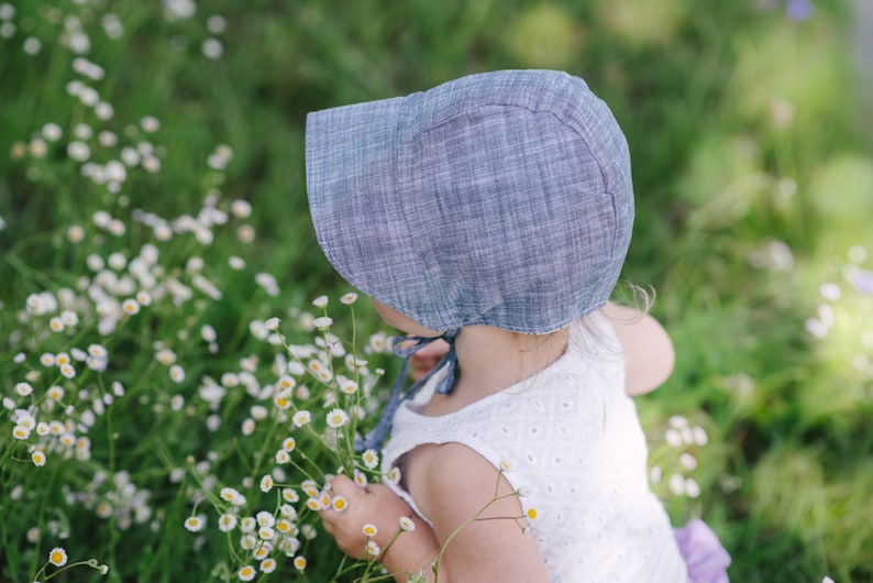 baby bonnet girl boy / baby sun bonnet / reversible bonnet / baby hat / beach sun hat / sunbonnet / chambray denim bonnet / brimmed bonnet image 8