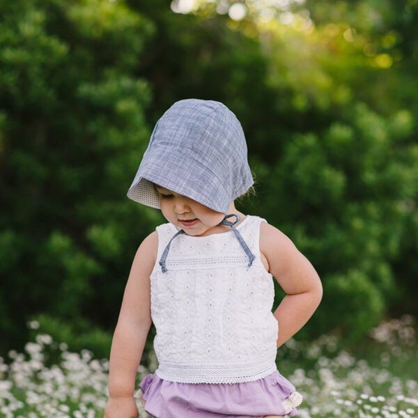 Reversible Baby Sun Bonnet: Chambray Denim Brimmed Hat
