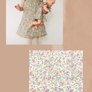 May include: A dress with a light green background and a small floral pattern in pink and yellow. The dress features short flutter sleeves and a round neckline. A matching doll dress in the same green floral fabric is also displayed.