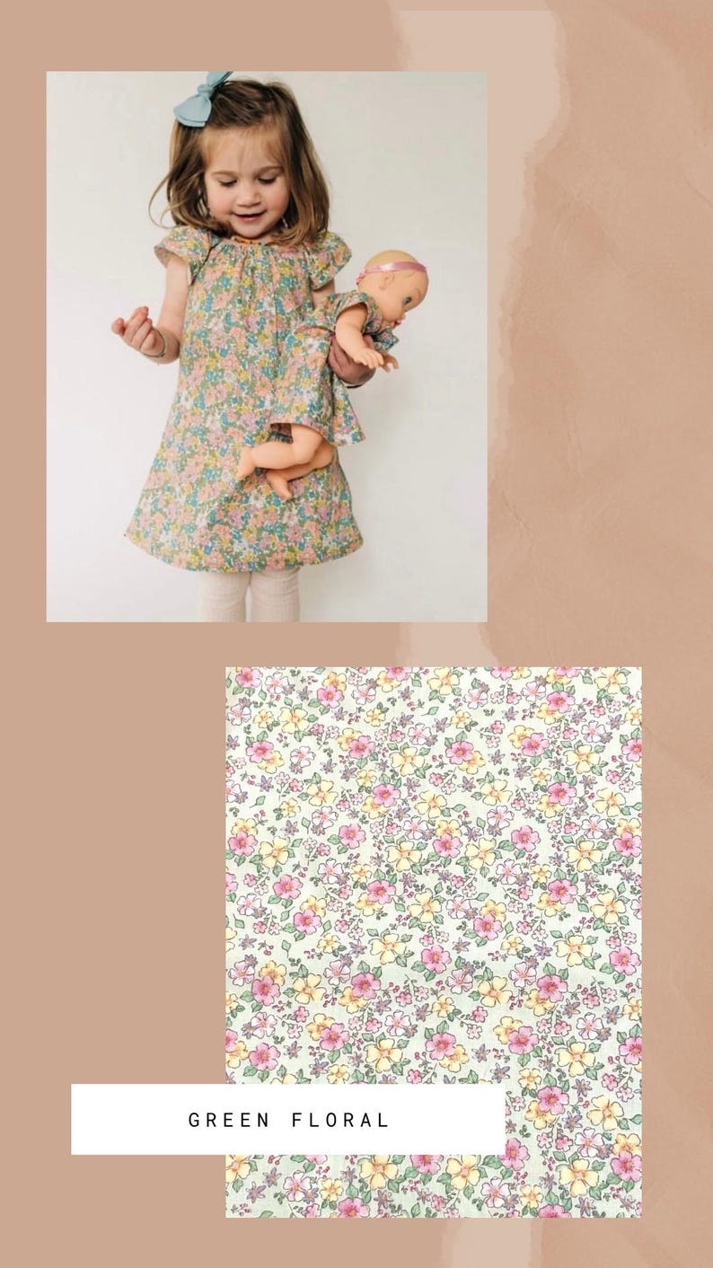 May include: A dress with a light green background and a small floral pattern in pink and yellow. The dress features short flutter sleeves and a round neckline. A matching doll dress in the same green floral fabric is also displayed.