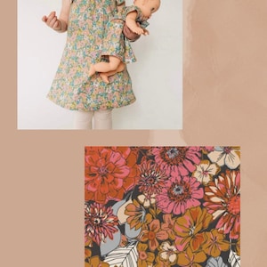 May include: A matching set consisting of a floral print dress and a doll dress featuring a pattern of pink, orange, and white flowers on a dark background. The text FLEURON HAVEN is printed in black on a white rectangular background at the bottom.