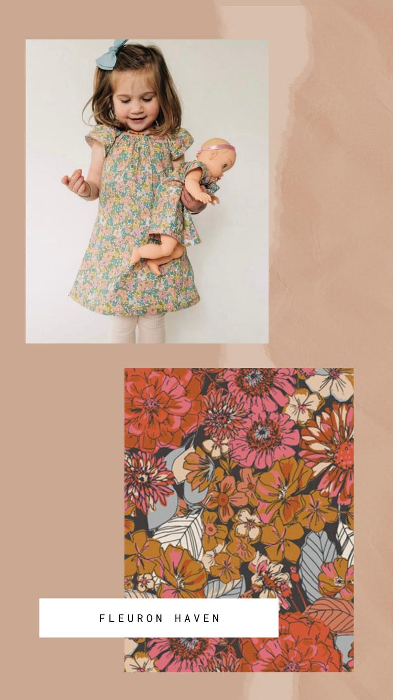 May include: A matching set consisting of a floral print dress and a doll dress featuring a pattern of pink, orange, and white flowers on a dark background. The text FLEURON HAVEN is printed in black on a white rectangular background at the bottom.