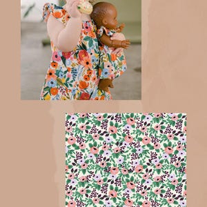 May include: A sleeveless dress featuring a vibrant floral pattern with orange, pink, blue, and green flowers on a cream background. The dress is shown on a child and a matching doll, with a separate fabric swatch labeled ROSA IN LAVENDER.
