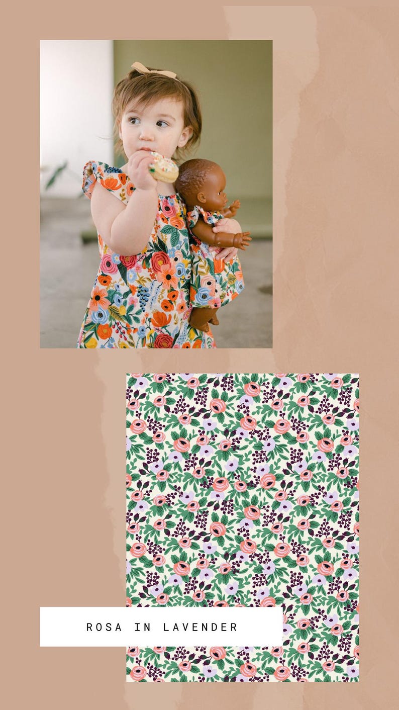 May include: A sleeveless dress featuring a vibrant floral pattern with orange, pink, blue, and green flowers on a cream background. The dress is shown on a child and a matching doll, with a separate fabric swatch labeled ROSA IN LAVENDER.