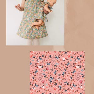 May include: A floral print dress with flutter sleeves and a matching doll dress in the same fabric. The pattern features small pink, blue, and white flowers on a light background. Below, a rectangular swatch displays the same floral pattern.