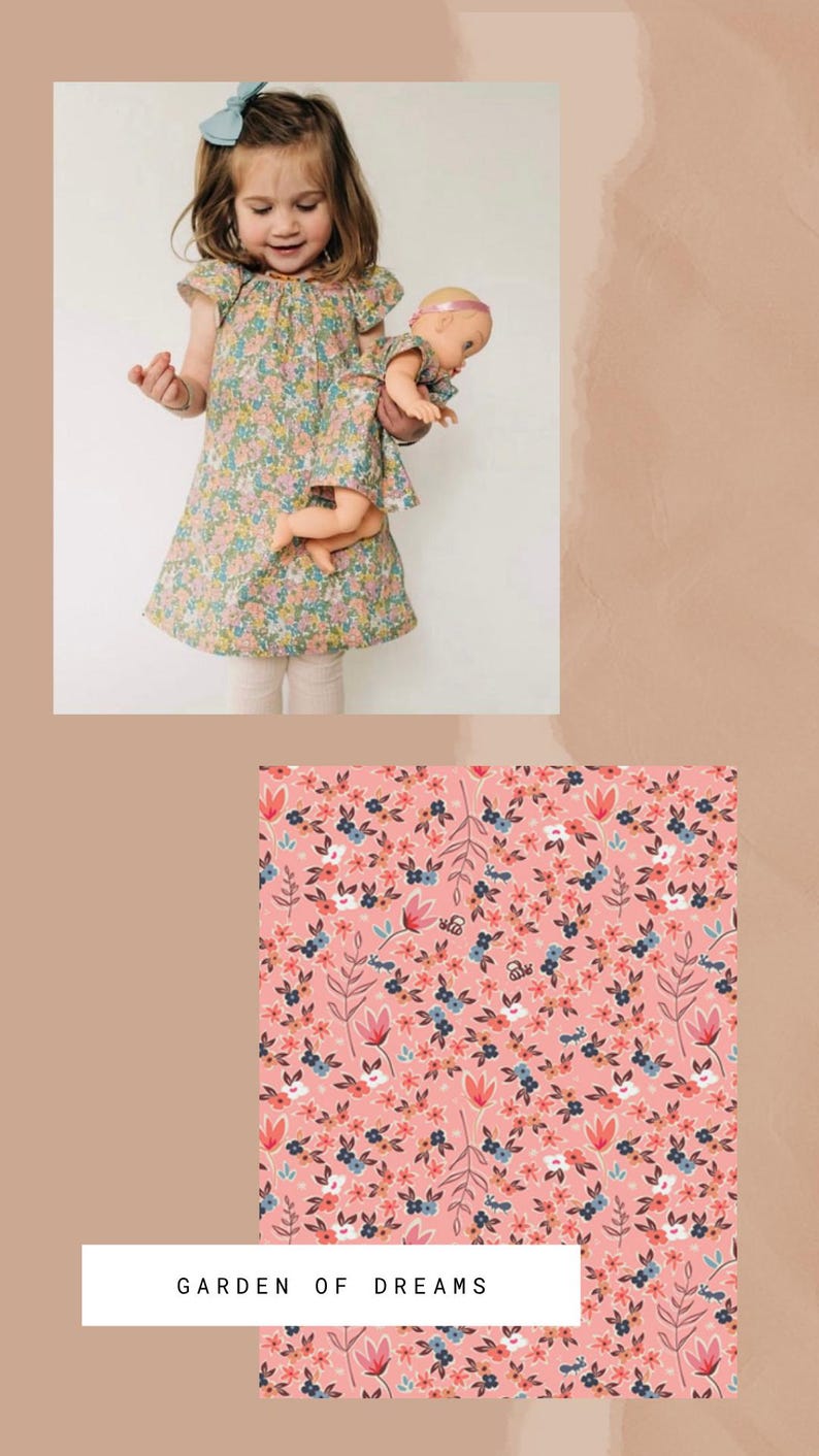 May include: A floral print dress with flutter sleeves and a matching doll dress in the same fabric. The pattern features small pink, blue, and white flowers on a light background. Below, a rectangular swatch displays the same floral pattern.
