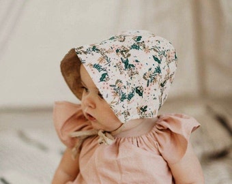 floral baby bonnet girl, reversible bonnet,  pink floral Rifle Paper Co bonnet, linen spring bonnet