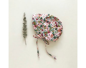 pink floral baby bonnet girl summer, baby sun hat, reversible brimmed bonnet, rifle paper co baby, toddler sun bonnet, cotton bonnet