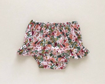 pink floral ruffle baby bloomers  / rifle paper co company / garden party petite rose / flutter bloomers / spring bloomers / summer shorts