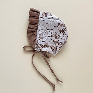 Ruffled Lace and Linen Baby Bonnet, Vintage Inspired Sunbonnet, Baby Sun Hat