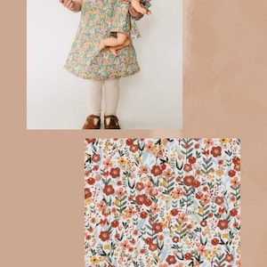 May include: A short-sleeved dress featuring a multi-colored botanical floral pattern with red, yellow, and green flowers on a light background. The dress is shown in a matching set with a doll outfit. Text at the bottom reads EARTH BOTANICAL FLORAL.