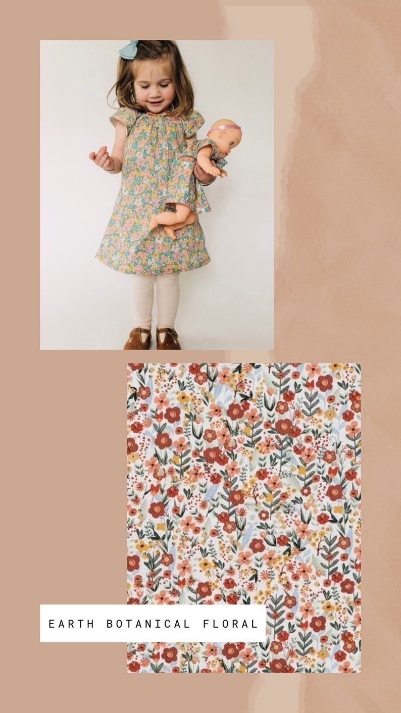 May include: A short-sleeved dress featuring a multi-colored botanical floral pattern with red, yellow, and green flowers on a light background. The dress is shown in a matching set with a doll outfit. Text at the bottom reads EARTH BOTANICAL FLORAL.