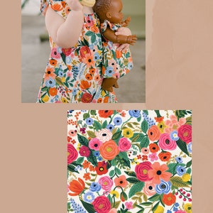May include: A sleeveless dress featuring a cream background with a vibrant floral pattern in shades of red, pink, orange, blue, and green. The fabric displays a dense botanical print with various flower shapes and leaves. Text reads GARDEN PARTY IN CREAM.