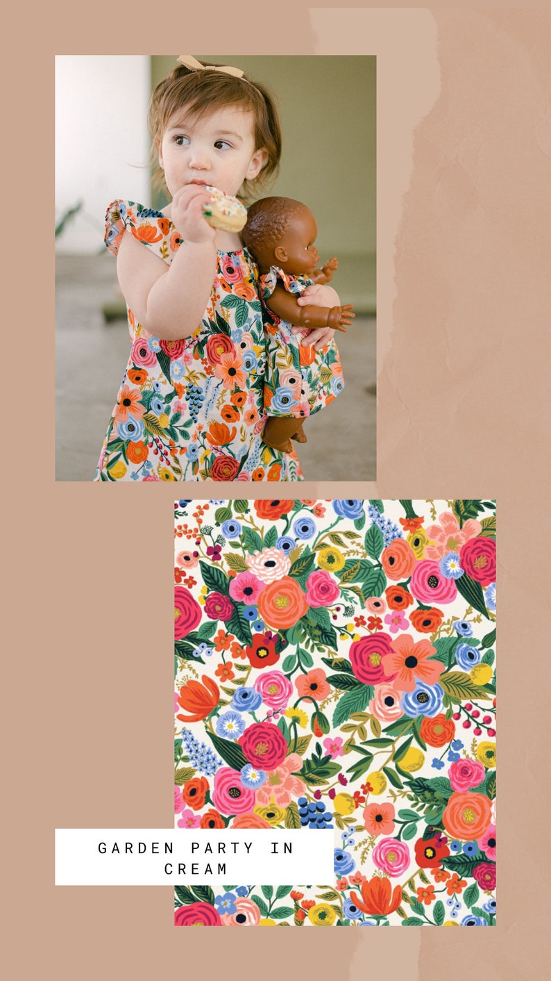 May include: A sleeveless dress featuring a cream background with a vibrant floral pattern in shades of red, pink, orange, blue, and green. The fabric displays a dense botanical print with various flower shapes and leaves. Text reads GARDEN PARTY IN CREAM.