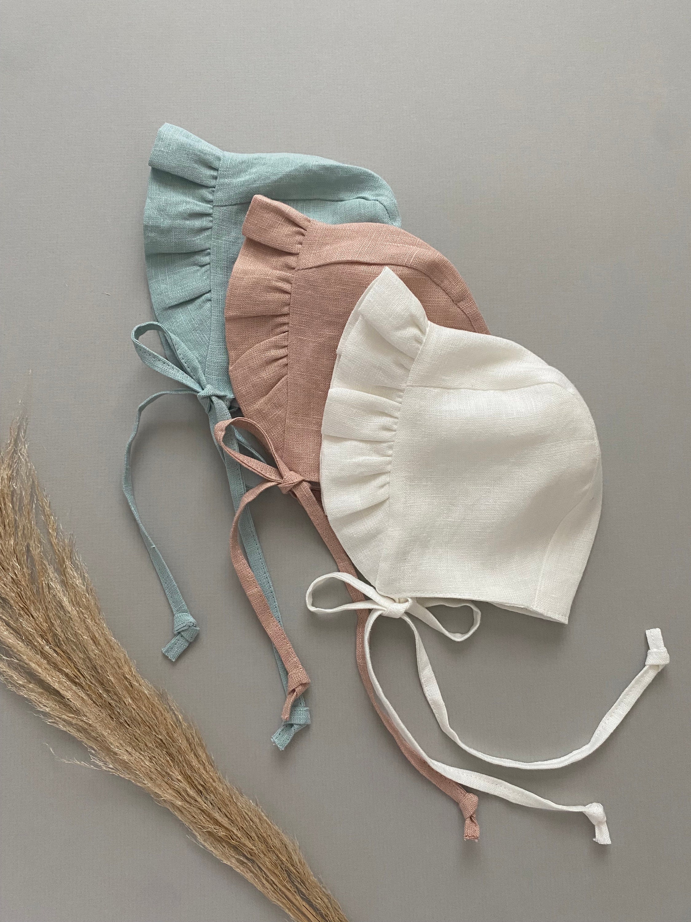Ruffle Linen Baby Bonnet: Ivory, Dusty Pink Blue Ruffle Bonnet, Toddler Sunbonnet, Little Girl Sun Hat, Christening Bonnet, Baby Shower Gift