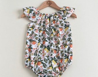 Citrus Floral Baby Romper: Rifle Paper Co Cotton Bubble Romper, Little Cutie First Birthday, Oranges and Lemons Themed Party Cake Smash