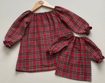 Girl and Doll Matching Outfit: Dolly and Me Dresses, Girls Christmas Gift, Long Sleeve Plaid Set, 18" Dolls