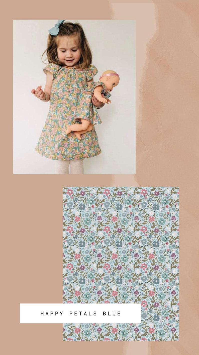 May include: A dress featuring a floral pattern with blue, pink, and green petals on a light blue background. The fabric is labeled HAPPY PETALS BLUE. The dress has short flutter sleeves and a round neckline, matching a smaller version for a doll.