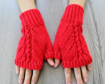 Womens red knit fingerless gloves