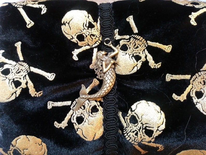 White Fur Brass Mermaid Hand Warmer Pirate Skull and Crossed Bones Victorian Steampunk Muff