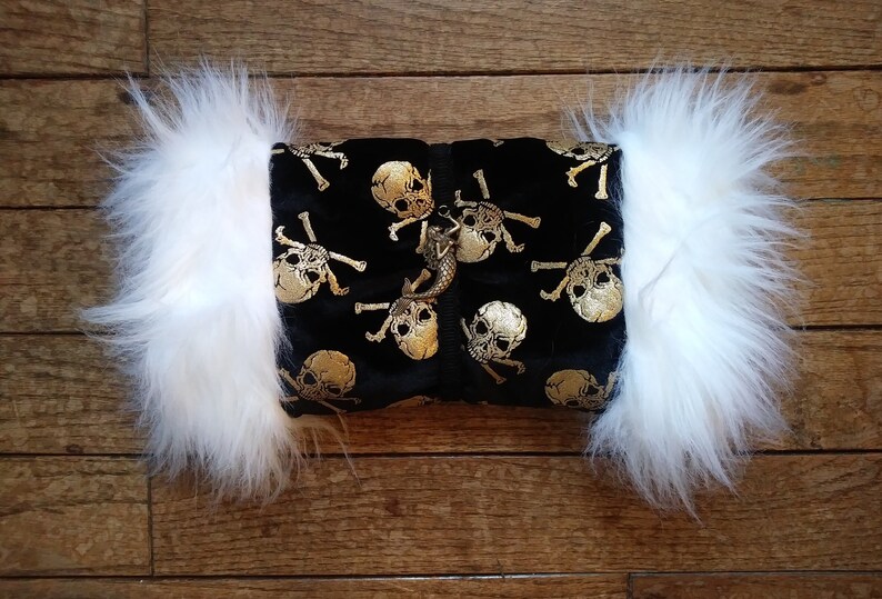White Fur Brass Mermaid Hand Warmer Pirate Skull and Crossed Bones Victorian Steampunk Muff