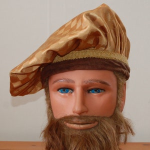 Renaissance Hat, Gold with Checkered Pattern, Brown Brim with Gold Trim