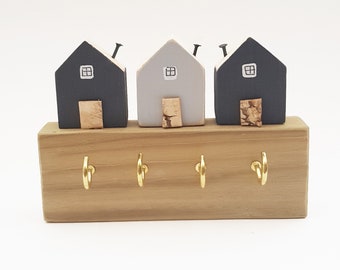 Wooden Key Holder for the Wall with Little Wooden Houses