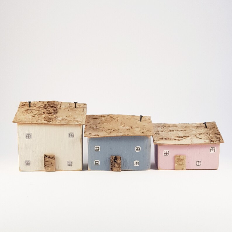 Set Of 3 Small Cottages Wooden Village Ornaments For Shelf Etsy