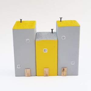 Wood Painted Houses Grey and Yellow Ornaments