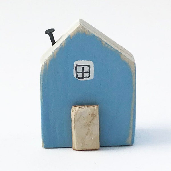 Wooden Magnets Tiny Wood House for Magnetic Board or Fridge Blue Magnet