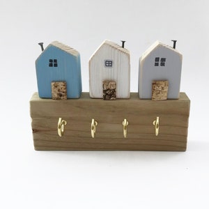 Key hook for wall with 3 tiny wooden houses, Housewarming gift