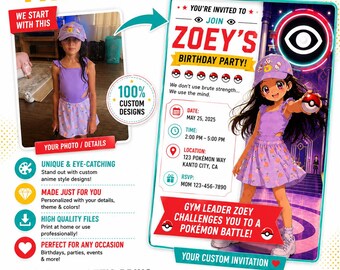 Custom Pokemon Invitations We design you as a Pokémon gym leader. Birthday party decorations/ Party Supplies/ Digital Download