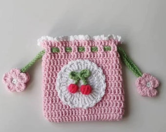 Crochet Cherry Drawstring Bag, Amigurumi Cherry Purse, Fruit Purse