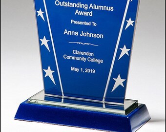 Constellation Series Glass Award, Blue Background with Chrome Plated Star Award - Custom Engraving - Engraved with your message