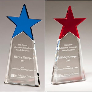 Blue or Red Crystal Star Award on Clear Crystal Base - Custom Engraving - Engraved with your message