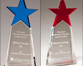 Blue or Red Crystal Star Award on Clear Crystal Base - Custom Engraving - Engraved with your message