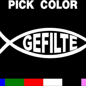 Pode incluir: Um contorno de peixe branco com a palavra "GEFILTE" dentro. O peixe é um símbolo do judaísmo. A imagem tem um seletor de cores com amostras de cores azul, verde, vermelho, branco e rosa.