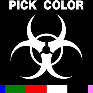 May include: A white biohazard symbol with the text "PICK COLOR" above it. The symbol is on a black background.