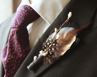 Mens wedding Feathers boutonniere, Boutonniere for Groom and Groomsmen, Feather boutonniere, Feathers Buttonhole, boutonniere for dapper men