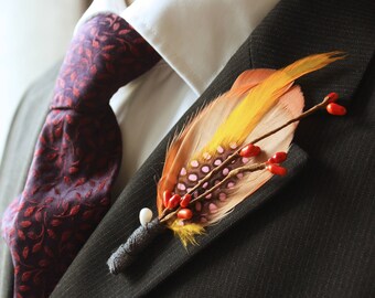Mens wedding Feathers boutonniere, Boutonniere for Groom and Groomsmen, Feather boutonniere, Feathers Buttonhole, boutonniere for dapper men