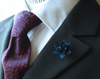 Succulent flower Lapel Pin for Men, wedding boutonniere, Dark blue Alcantara®, men flower lapel pin for Dapper Men, Groom & Groomsmen