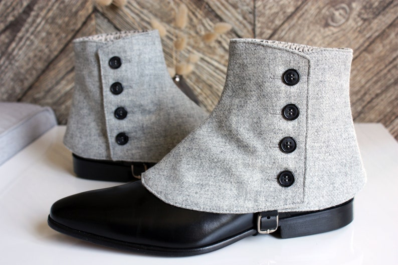 Spats, Gaiters, Puttees – Vintage Shoes Covers Luxury Mens Spats Light Grey wool flannel gaiters for elegant men dandy loving the vintage style Dapper Men Gaiters spats spatterdash $138.05 AT vintagedancer.com