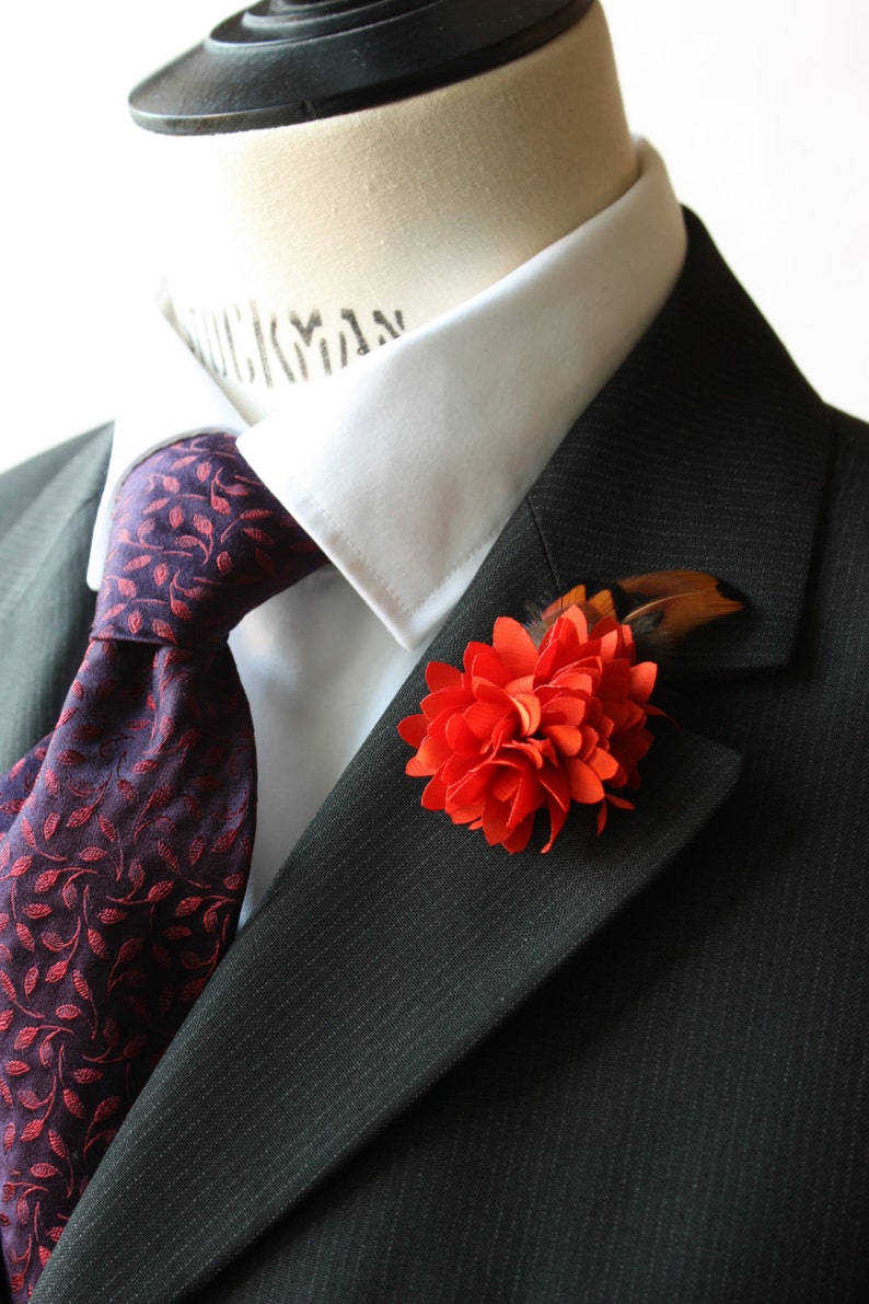 Flower and Feather Lapel Pin Wedding Boutonniere Orange Etsy
